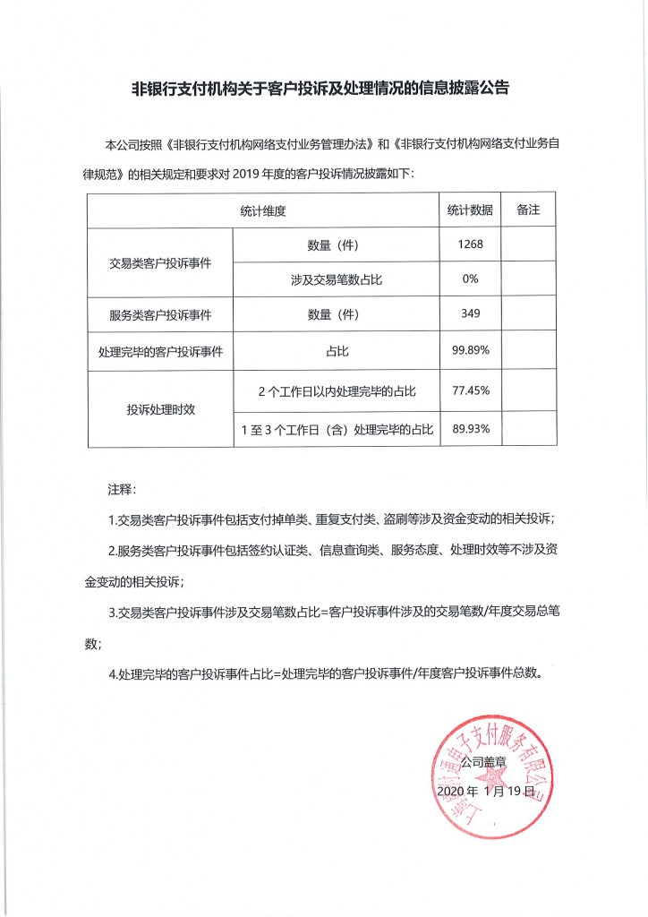 盛付通pos机办理关于客户投诉及处理情况的信息披露公告